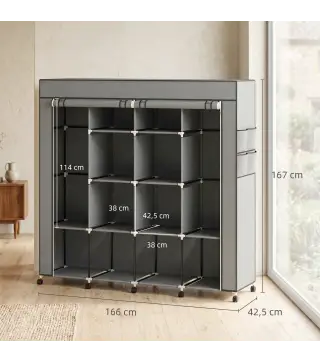 Armario de Tela Portátil con Ruedas 10 Compartimentos 2 Barras para Colgar Estructura de Acero Gris Oscuro