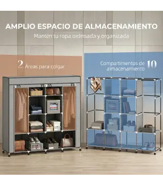 Armario de Tela Portátil con Ruedas 10 Compartimentos 2 Barras para Colgar Estructura de Acero Gris Oscuro
