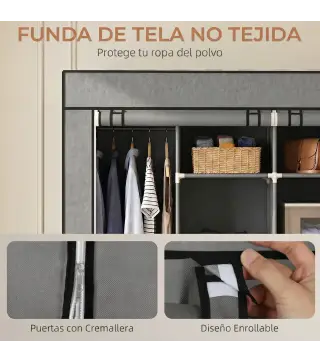 Armario de Tela Portátil con Ruedas 10 Compartimentos 2 Barras para Colgar Estructura de Acero Gris Oscuro