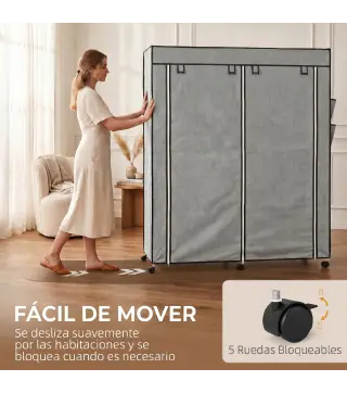 Armario de Tela Portátil con Ruedas 10 Compartimentos 2 Barras para Colgar Estructura de Acero Gris Oscuro
