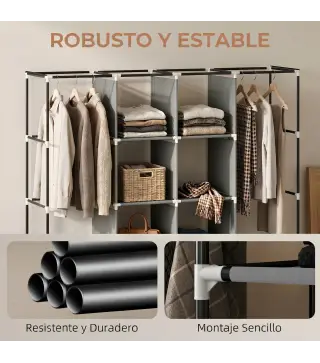 Armario de Tela Portátil con Ruedas 10 Compartimentos 2 Barras para Colgar Estructura de Acero Gris Oscuro