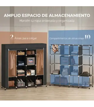 Armario de Tela Portátil con Ruedas 10 Compartimentos 2 Barras para Colgar Estructura de Acero Negro