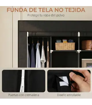 Armario de Tela Portátil con Ruedas 10 Compartimentos 2 Barras para Colgar Estructura de Acero Negro
