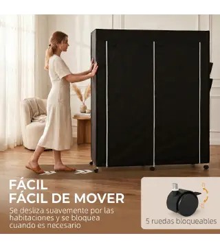 Armario de Tela Portátil con Ruedas 10 Compartimentos 2 Barras para Colgar Estructura de Acero Negro