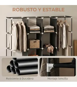 Armario de Tela Portátil con Ruedas 10 Compartimentos 2 Barras para Colgar Estructura de Acero Negro