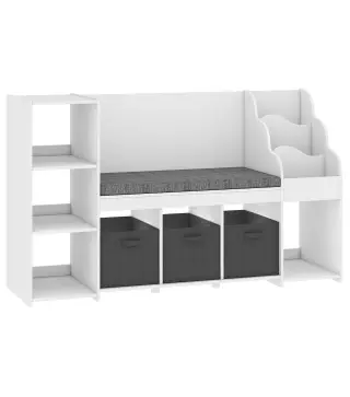 Estantería Infantil Juguetes con Rincón de Lectura Cojín 3 Cajones de Tela 3 Estantes 4 Cubículos 137x40x80 cm Blanco