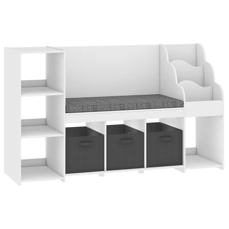 Estantería Infantil Juguetes con Rincón de Lectura Cojín 3 Cajones de Tela 3 Estantes 4 Cubículos 137x40x80 cm Blanco Estantería Infantil Juguetes con Rincón de Lectura Cojín 3 Cajones de Tela 3 Estantes 4 Cubículos 137x40x80 cm Blanco