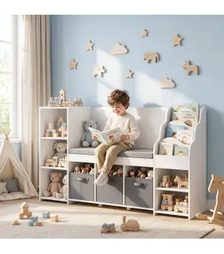Estantería Infantil Juguetes con Rincón de Lectura Cojín 3 Cajones de Tela 3 Estantes 4 Cubículos 137x40x80 cm Blanco