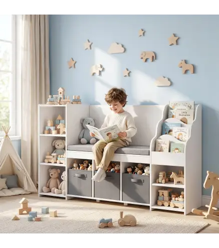 Estantería Infantil Juguetes con Rincón de Lectura Cojín 3 Cajones de Tela 3 Estantes 4 Cubículos 137x40x80 cm Blanco