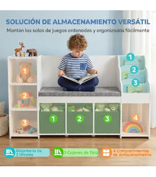 Estantería Infantil Juguetes con Rincón de Lectura Cojín 3 Cajones de Tela 3 Estantes 4 Cubículos 137x40x80 cm Blanco