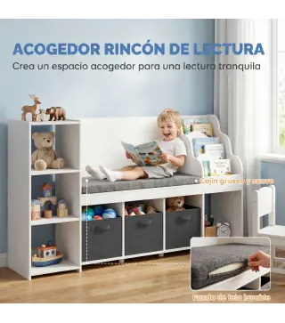 Estantería Infantil Juguetes con Rincón de Lectura Cojín 3 Cajones de Tela 3 Estantes 4 Cubículos 137x40x80 cm Blanco