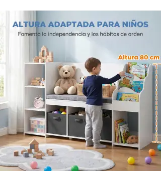 Estantería Infantil Juguetes con Rincón de Lectura Cojín 3 Cajones de Tela 3 Estantes 4 Cubículos 137x40x80 cm Blanco