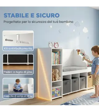 Estantería Infantil Juguetes con Rincón de Lectura Cojín 3 Cajones de Tela 3 Estantes 4 Cubículos 137x40x80 cm Blanco