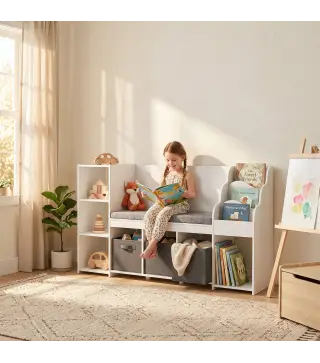 Estantería Infantil Juguetes con Rincón de Lectura Cojín 3 Cajones de Tela 3 Estantes 4 Cubículos 137x40x80 cm Blanco