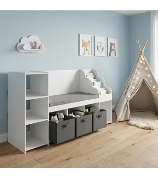 Estantería Infantil Juguetes con Rincón de Lectura Cojín 3 Cajones de Tela 3 Estantes 4 Cubículos 137x40x80 cm Blanco