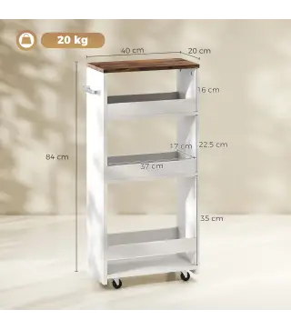 Carrito de Cocina Estrecho de 3 Niveles con Ruedas para Espacios Reducidos Comedor o Salón Blanco
