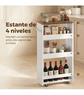 Carrito de Cocina Estrecho de 3 Niveles con Ruedas para Espacios Reducidos Comedor o Salón Blanco