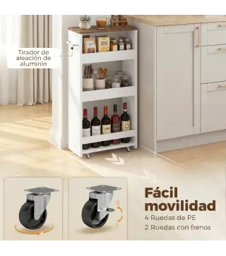Carrito de Cocina Estrecho de 3 Niveles con Ruedas para Espacios Reducidos Comedor o Salón Blanco