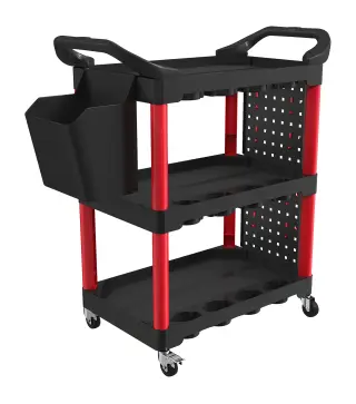Carro de Herramientas de 3 Niveles con Paneles Perforados Asa Lateral Ganchos Cubeta Negro y Rojo