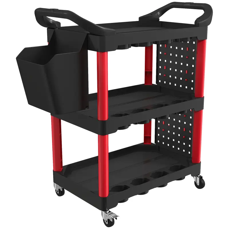 Carro de Herramientas de 3 Niveles con Paneles Perforados Asa Lateral Ganchos Cubeta Negro y Rojo