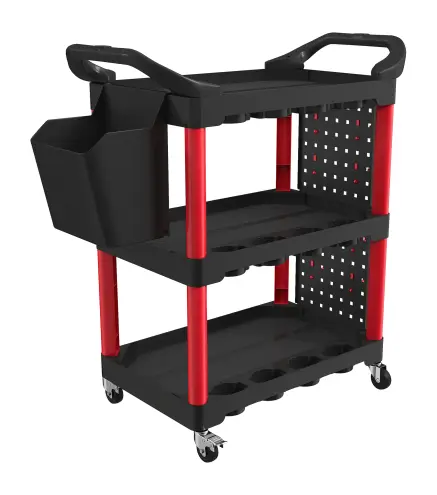 Carro de Herramientas de 3 Niveles con Paneles Perforados Asa Lateral Ganchos Cubeta Negro y Rojo