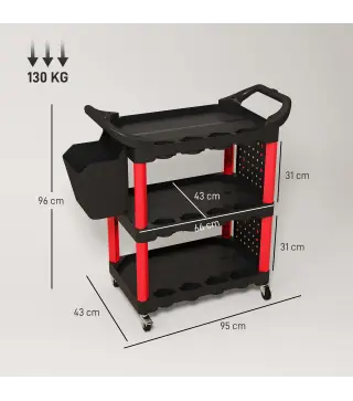 Carro de Herramientas de 3 Niveles con Paneles Perforados Asa Lateral Ganchos Cubeta Negro y Rojo