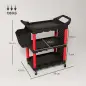 Carro de Herramientas de 3 Niveles con Paneles Perforados Asa Lateral Ganchos Cubeta Negro y Rojo