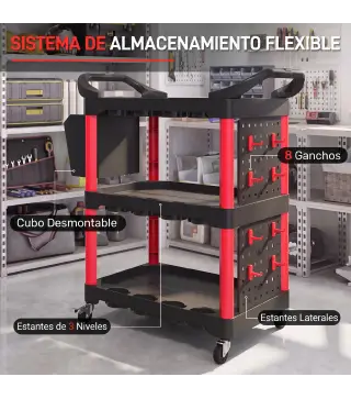Carro de Herramientas de 3 Niveles con Paneles Perforados Asa Lateral Ganchos Cubeta Negro y Rojo