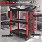 Carro de Herramientas de 3 Niveles con Paneles Perforados Asa Lateral Ganchos Cubeta Negro y Rojo