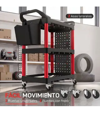 Carro de Herramientas de 3 Niveles con Paneles Perforados Asa Lateral Ganchos Cubeta Negro y Rojo