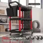 Carro de Herramientas de 3 Niveles con Paneles Perforados Asa Lateral Ganchos Cubeta Negro y Rojo