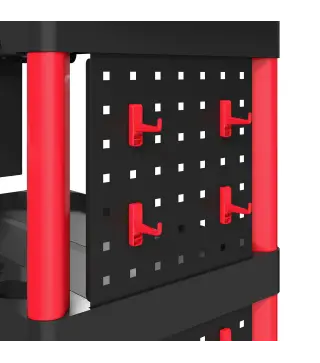 Carro de Herramientas de 3 Niveles con Paneles Perforados Asa Lateral Ganchos Cubeta Negro y Rojo