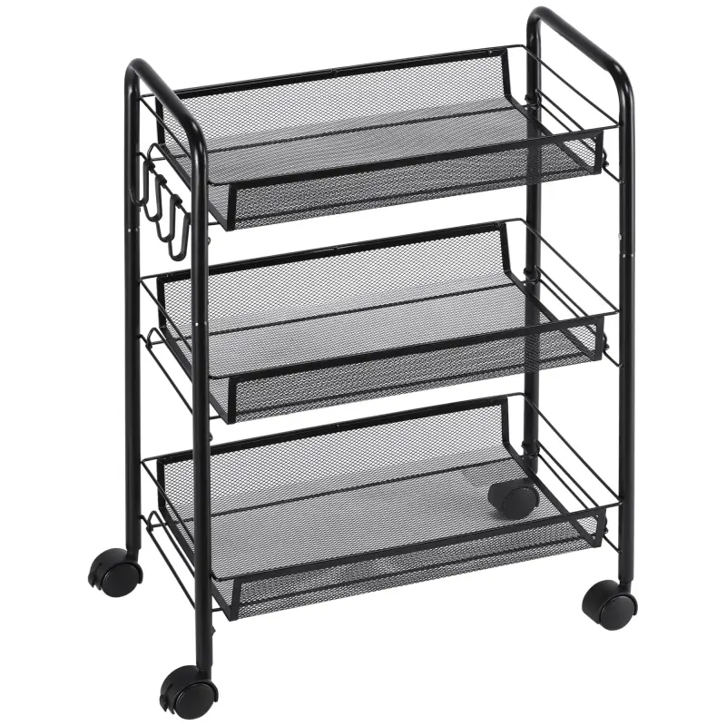 Carrito de Cocina de Acero con 3 Cestas Carga 9 kg para Comedor Sala de Estar Baño 45x26,5x63 cm Negro