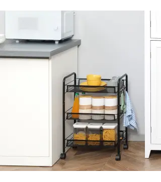 Carrito de Cocina de Acero con 3 Cestas Carga 9 kg para Comedor Sala de Estar Baño 45x26,5x63 cm Negro