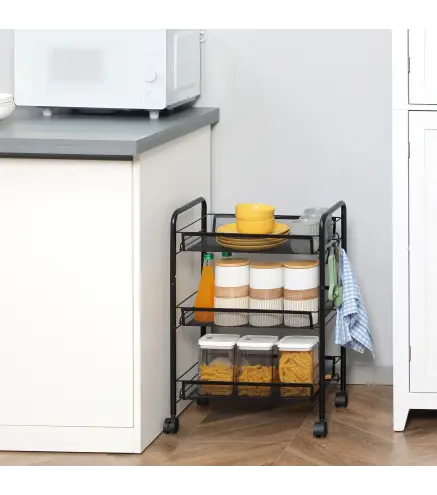 Carrito de Cocina de Acero con 3 Cestas Carga 9 kg para Comedor Sala de Estar Baño 45x26,5x63 cm Negro
