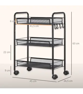 Carrito de Cocina de Acero con 3 Cestas Carga 9 kg para Comedor Sala de Estar Baño 45x26,5x63 cm Negro