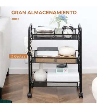 Carrito de Cocina de Acero con 3 Cestas Carga 9 kg para Comedor Sala de Estar Baño 45x26,5x63 cm Negro