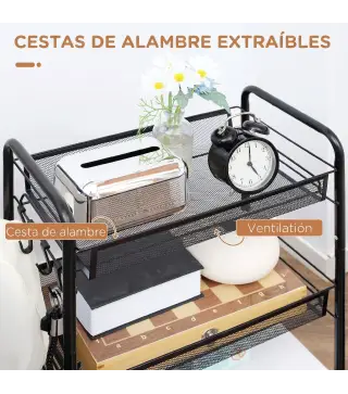 Carrito de Cocina de Acero con 3 Cestas Carga 9 kg para Comedor Sala de Estar Baño 45x26,5x63 cm Negro