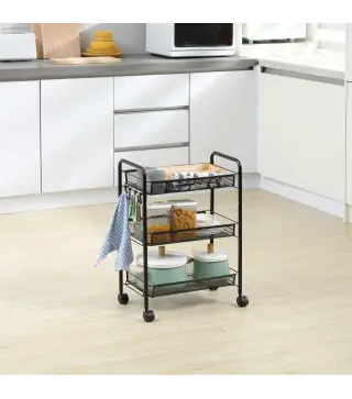 Carrito de Cocina de Acero con 3 Cestas Carga 9 kg para Comedor Sala de Estar Baño 45x26,5x63 cm Negro