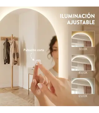 Espejo de Pared Arqueado con Luces 120x40 cm Sin Marco 3 Temperaturas de Color Brillo Ajustable Transparente