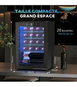Cava de vino 20 botellas 53L alto rendimiento temperatura ajustable 5-18 °C con luz LED, negro