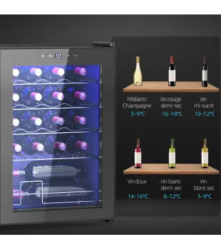 Cava de vino 20 botellas 53L alto rendimiento temperatura ajustable 5-18 °C con luz LED, negro