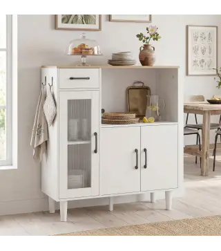 Aparador de Cocina Moderno con Puerta de Acrílico Cajón Estante Ajustable Compartimento Abierto 80x34x91 cm Blanco
