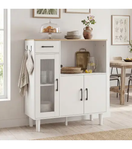 Aparador de Cocina Moderno con Puerta de Acrílico Cajón Estante Ajustable Compartimento Abierto 80x34x91 cm Blanco