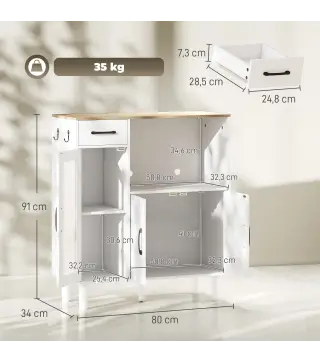 Aparador de Cocina Moderno con Puerta de Acrílico Cajón Estante Ajustable Compartimento Abierto 80x34x91 cm Blanco