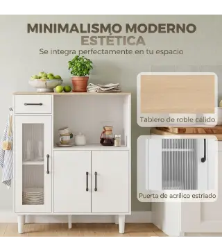 Aparador de Cocina Moderno con Puerta de Acrílico Cajón Estante Ajustable Compartimento Abierto 80x34x91 cm Blanco