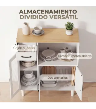 Aparador de Cocina Moderno con Puerta de Acrílico Cajón Estante Ajustable Compartimento Abierto 80x34x91 cm Blanco