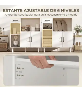 Aparador de Cocina Moderno con Puerta de Acrílico Cajón Estante Ajustable Compartimento Abierto 80x34x91 cm Blanco