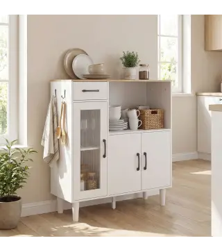 Aparador de Cocina Moderno con Puerta de Acrílico Cajón Estante Ajustable Compartimento Abierto 80x34x91 cm Blanco
