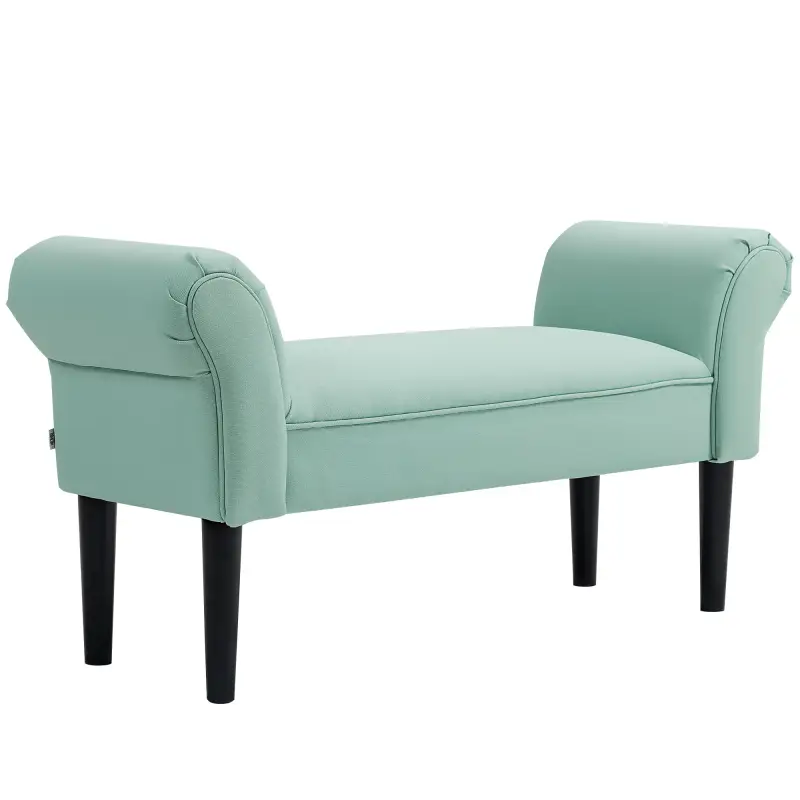 Banco Pie de Cama Tapizado en Lona con Patas de Madera Reposabrazos y Asiento Acolchado Verde Claro Banco Pie de Cama Tapizado en Lona con Patas de Madera Reposabrazos y Asiento Acolchado Verde Claro